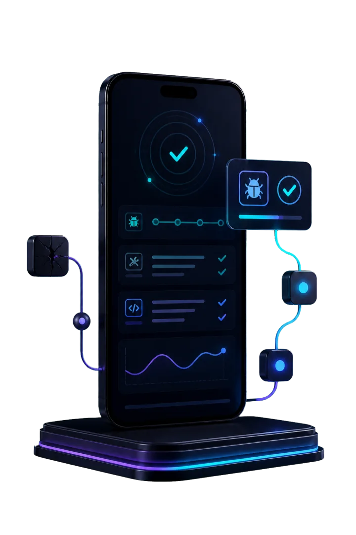 Smartphone-Mockup mit Diagnoseansicht und erfolgreich behobenem Fehler