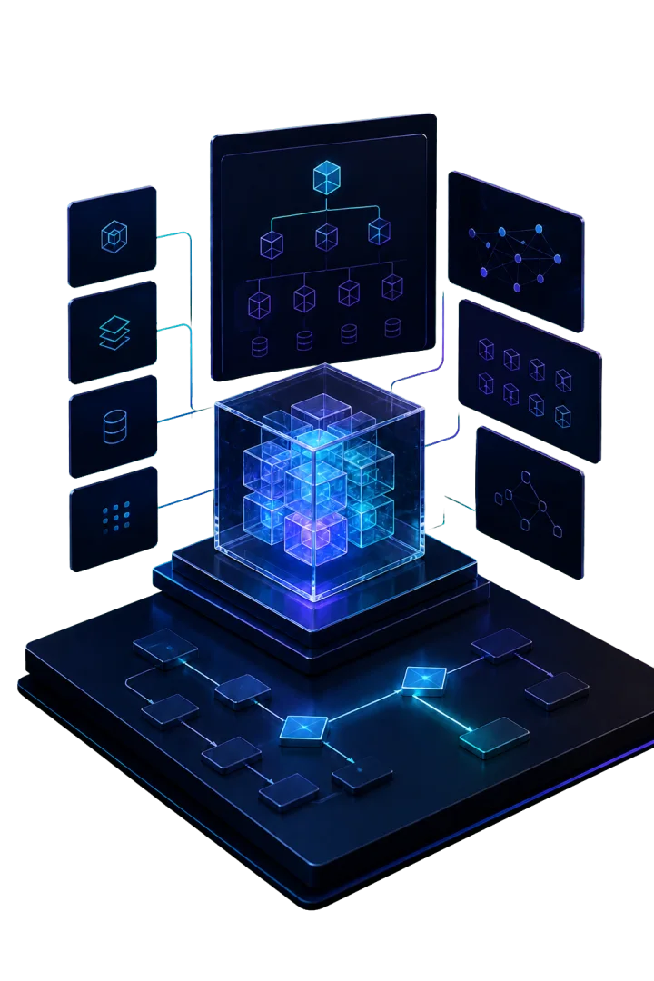 Technisches Architektur-Mockup mit verbundenen Systembausteinen